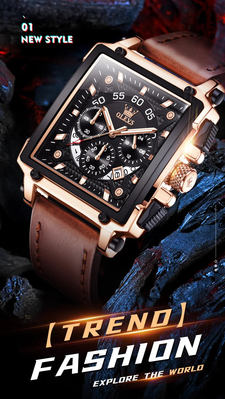 OLEVS 9919 Men Watch Fashion Square Dial Leather Strap Chronograph Waterproof Sports Clock Luxury Original Quartz Wristwatch Man