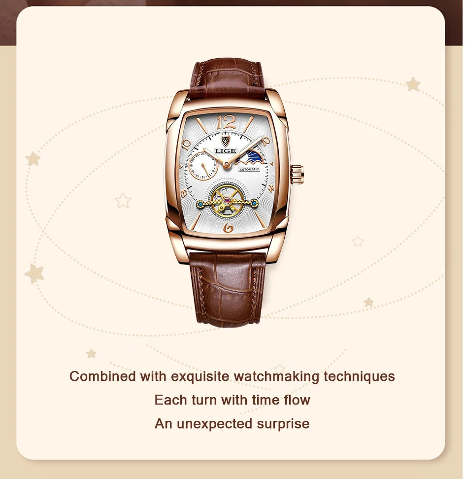 LIGE New Tourbillon Automatic Mechanical Womens Watches Top Brand Luxury Fashion Waterproof Skeleton ladyClock Montre Homme