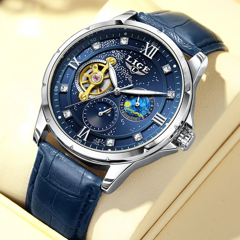 LIGE Top Luxury Mechanical Watches Men Fashion Diamonds Automatic Mens Watch 30M Waterproof Luminous Wristwatch Male Reloj 2026