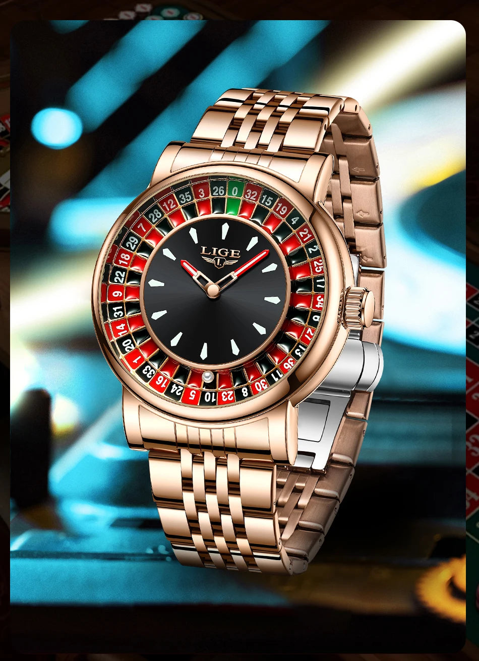 LIGE Unique Creative Men's Watches Fashion Casual Stainless Steel Rotating Dial Roulette Waterproof Classic Quartz Man Watch New