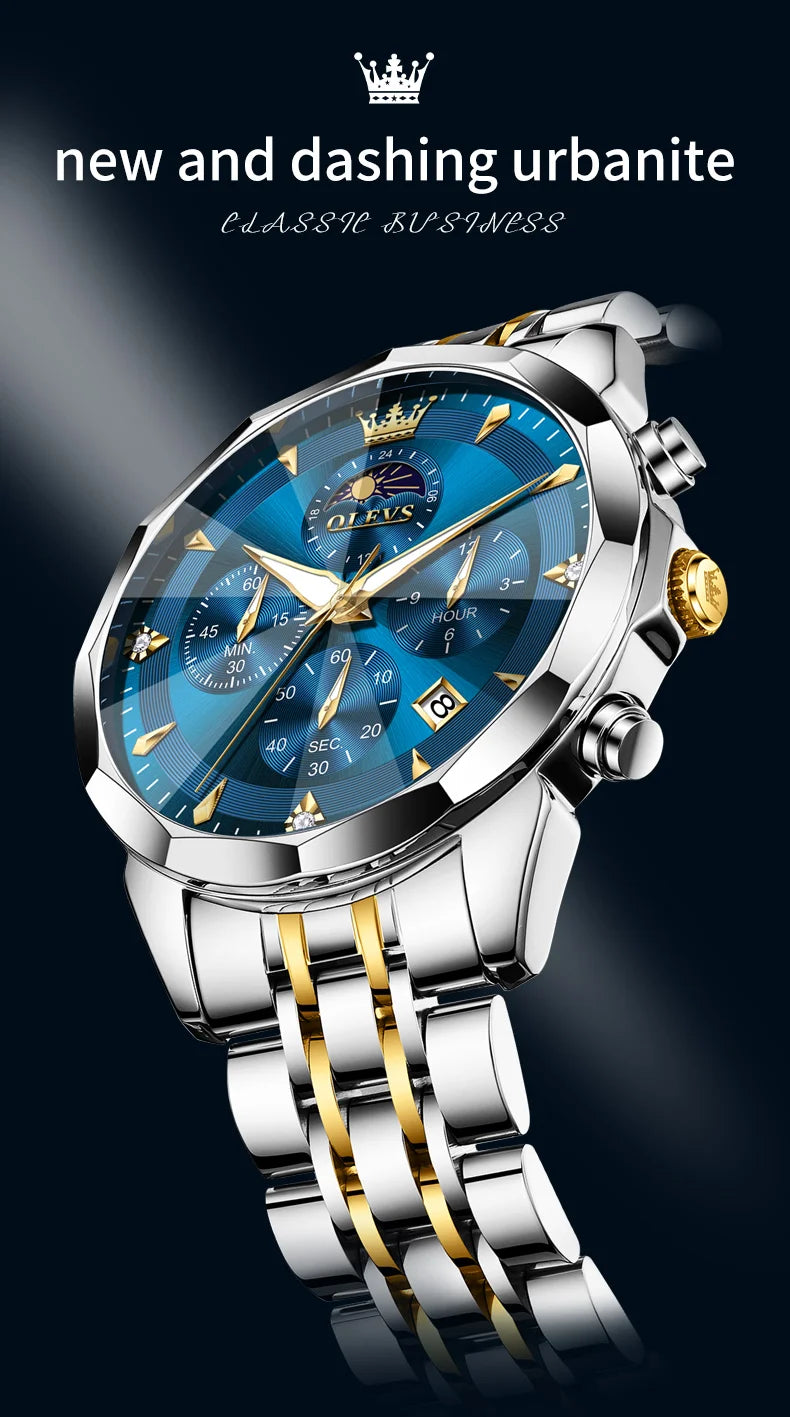 OLEVS Hot Sale Men's Watches Original Brand Quartz Watch Rhombus Mirror Waterproof Luminous Chronograph Moon Phase Watches 3673