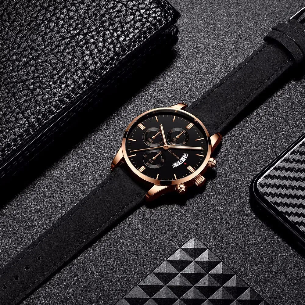 2023 Fashion Men's Watch Brand Luxury Male Quartz Watches Minimalist Casual Leather Strap Digital Calendar Wristwatch Men Clock
