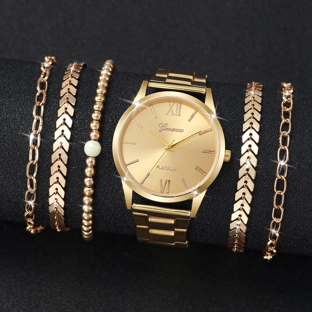 3/6PCS Fashion Women Watches Simple Roma Dial Analog Quartz Wristwatch Bracelets Set Reloj Mujer（Without Box）