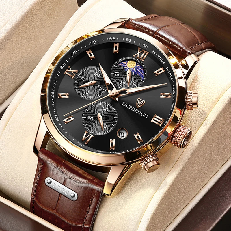 LIGE New Casual Men Watch Luxury Leather Waterproof Sport Quartz Wristwatch Chronograph Military Watch for Men Relogio Masculino