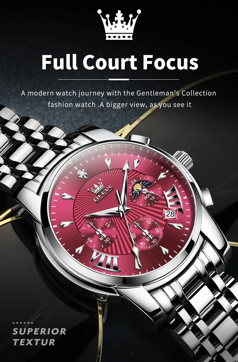 OLEVS Men's Watches 2892 Luxury Business Original Top Brand Quartz Watch for Man Waterproof Moon Phase Date Chronograph Luminous
