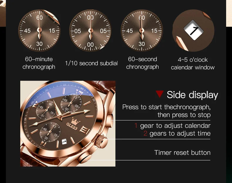OLEVS Mens Watches Top Brand Luxury Chronograph Quartz Watch Men Sport Leather Waterproof Luminous Date Business Wristwatch Male