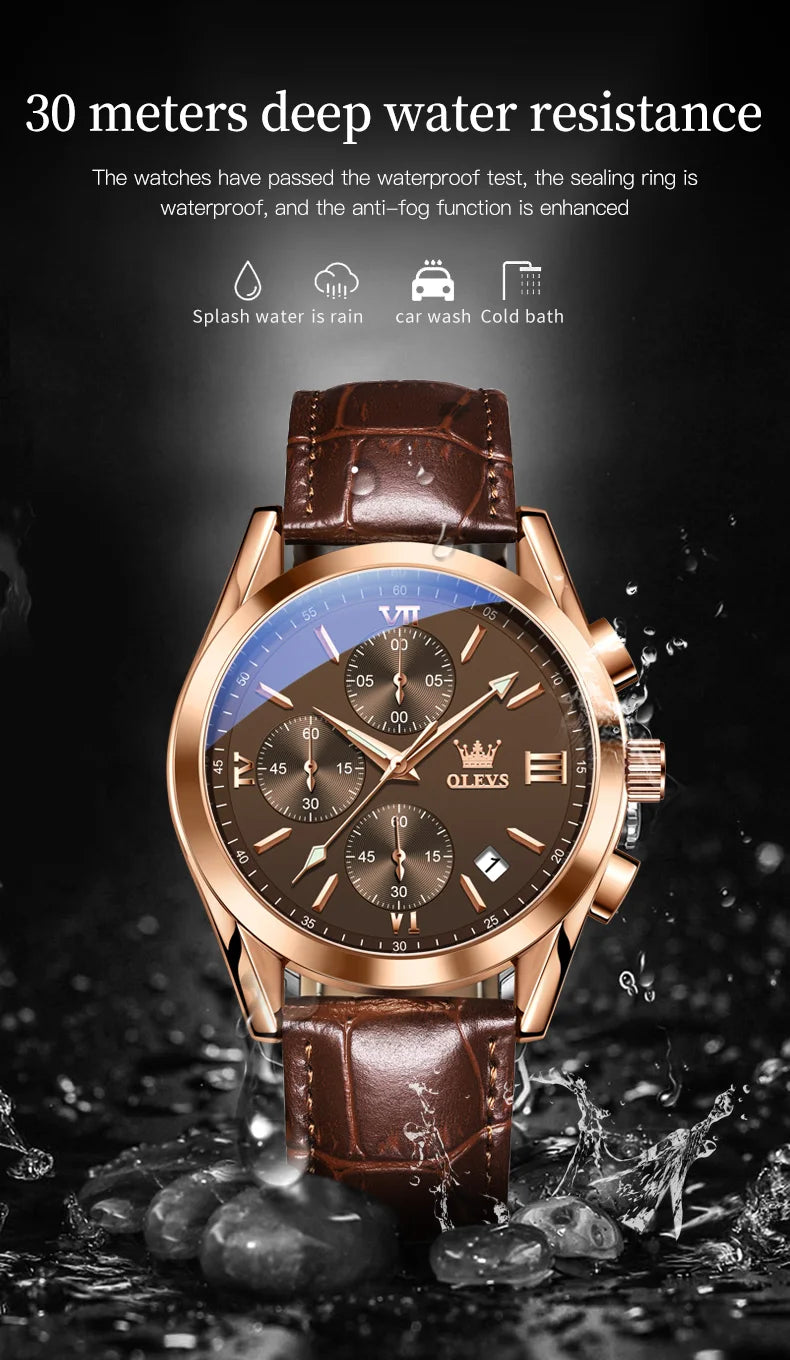 OLEVS Mens Watches Top Brand Luxury Chronograph Quartz Watch Men Sport Leather Waterproof Luminous Date Business Wristwatch Male