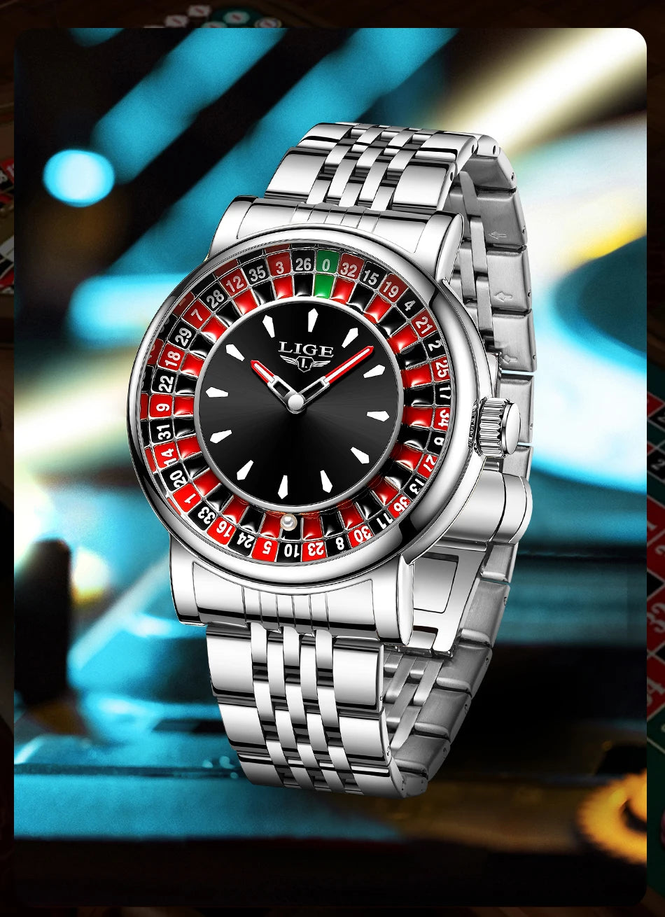 LIGE Unique Creative Men's Watches Fashion Casual Stainless Steel Rotating Dial Roulette Waterproof Classic Quartz Man Watch New