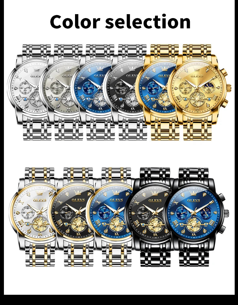 OLEVS Luxury Brand Men's Watch Classic Roman Scale Flywheel Design Moon Phase Waterproof Quartz Watch for Men Original 2856