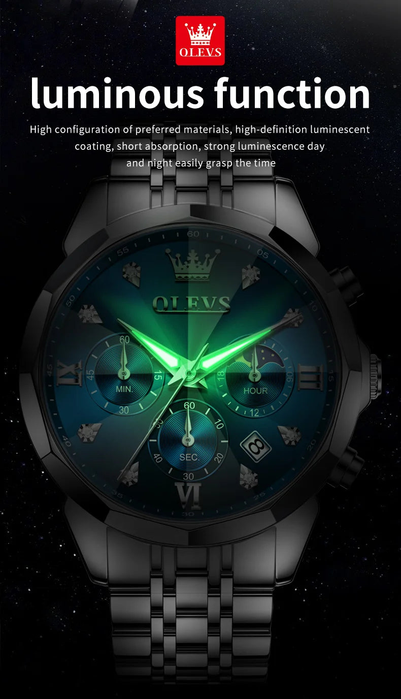 OLEVS 3670 Men's Watches Solid Steel Strap Rhombus Mirror 24Hour Moon Phase Waterproof Luminous Chronograph Quartz Watch for Men