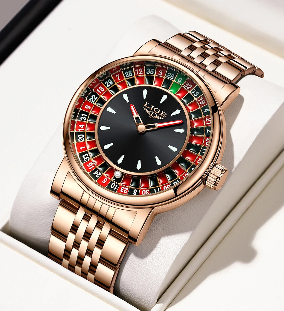 LIGE Unique Creative Men's Watches Fashion Casual Stainless Steel Rotating Dial Roulette Waterproof Classic Quartz Man Watch New