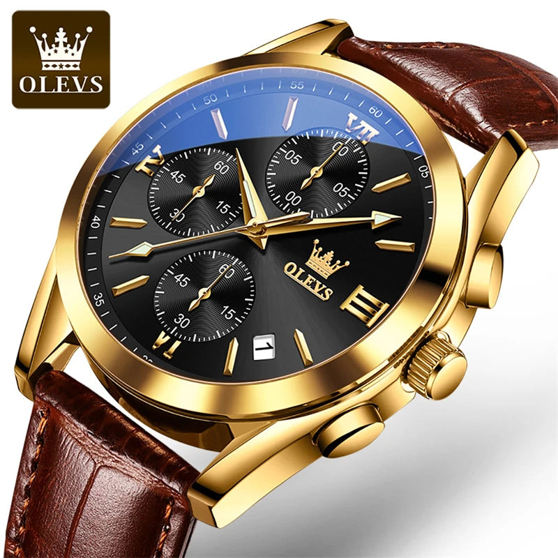 OLEVS Mens Watches Top Brand Luxury Chronograph Quartz Watch Men Sport Leather Waterproof Luminous Date Business Wristwatch Male
