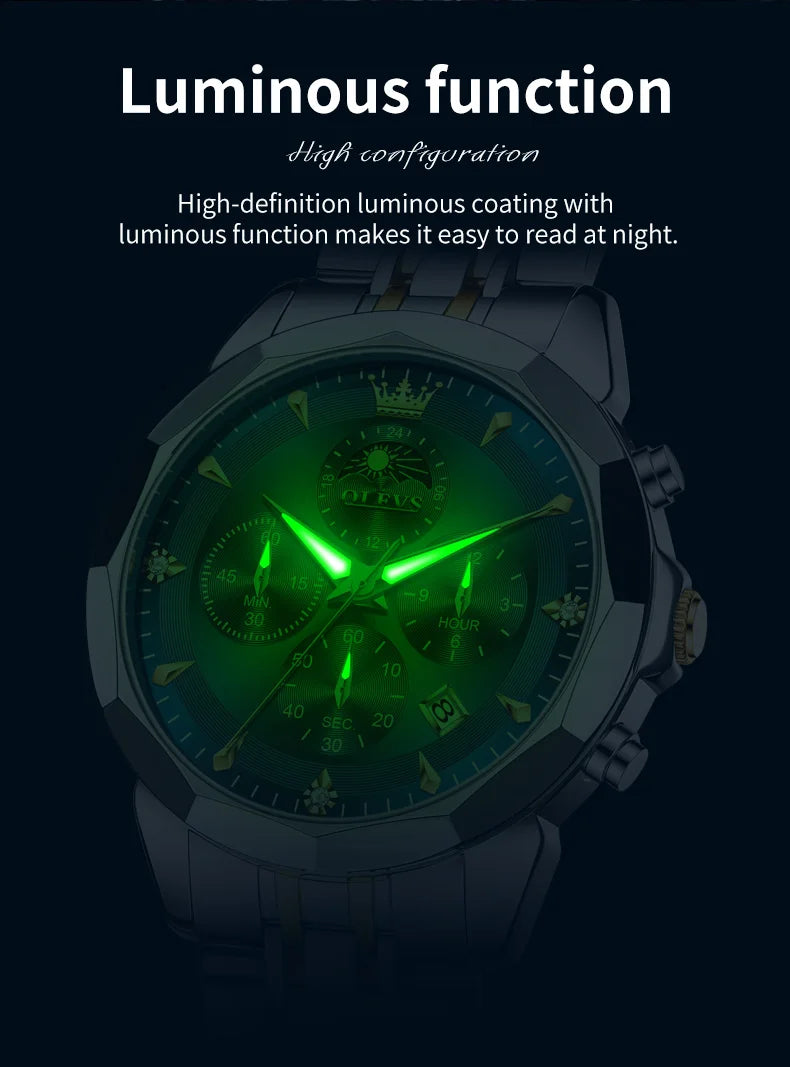 OLEVS Hot Sale Men's Watches Original Brand Quartz Watch Rhombus Mirror Waterproof Luminous Chronograph Moon Phase Watches 3673
