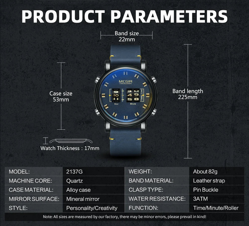 MEGIR Luxury Brand Men Sport Casual Watches Leather Strap Digital Roller Pointer Quartz Wristwatch Clock Relogio Masculino 2137