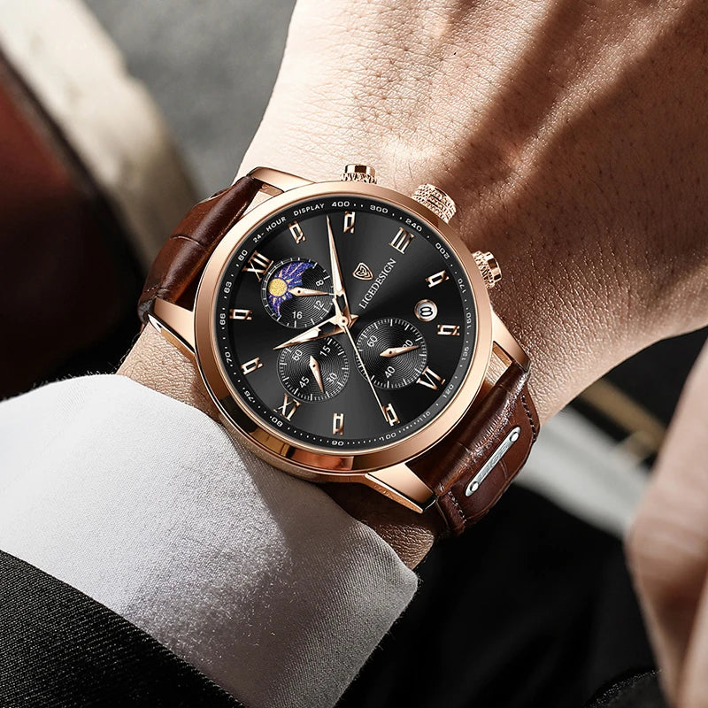 LIGE New Casual Men Watch Luxury Leather Waterproof Sport Quartz Wristwatch Chronograph Military Watch for Men Relogio Masculino