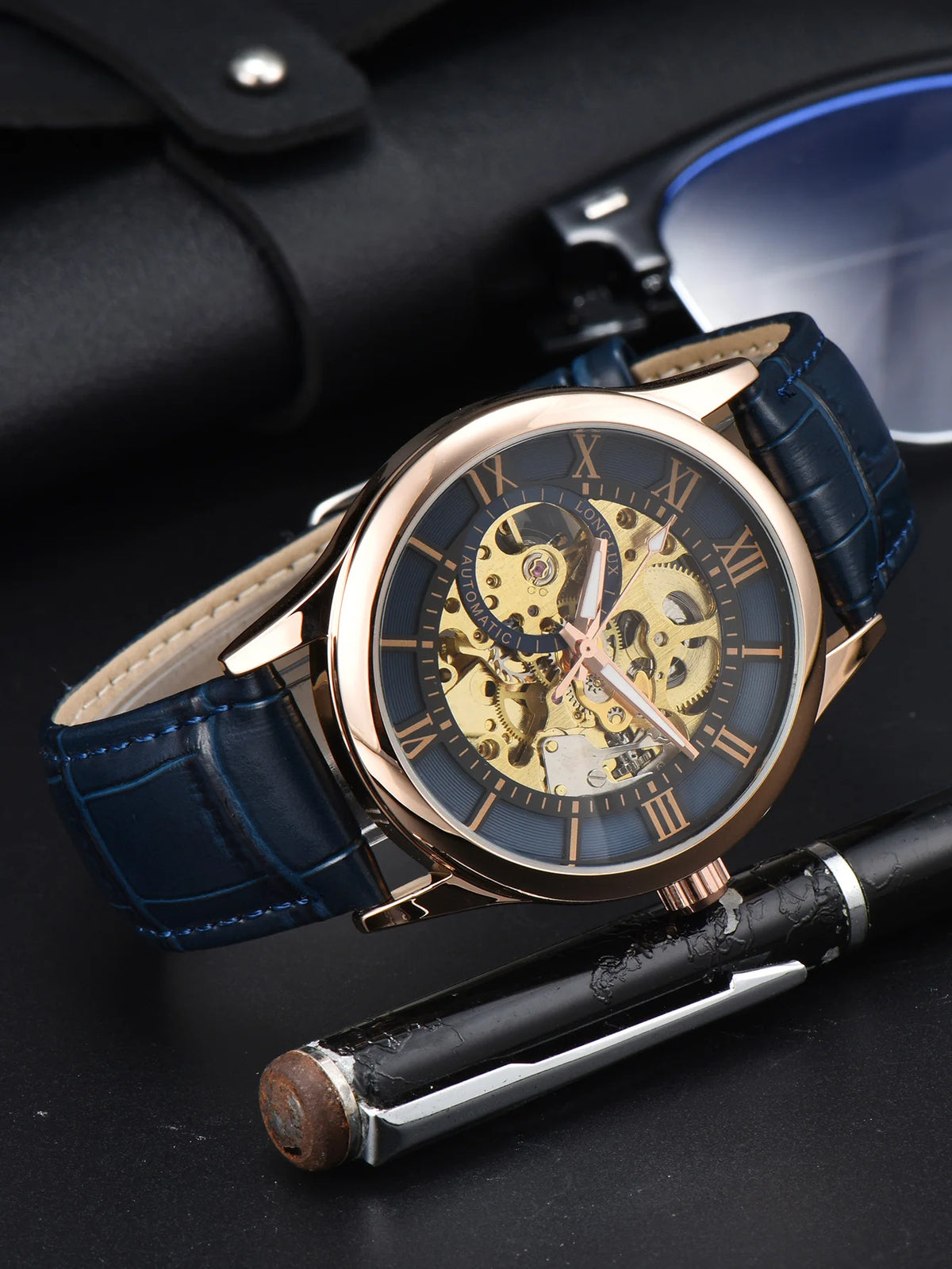 Men automatic watch luxury rome mechanical watches waterproof skeleton noctilucent leather mens watch choice of gift giving
