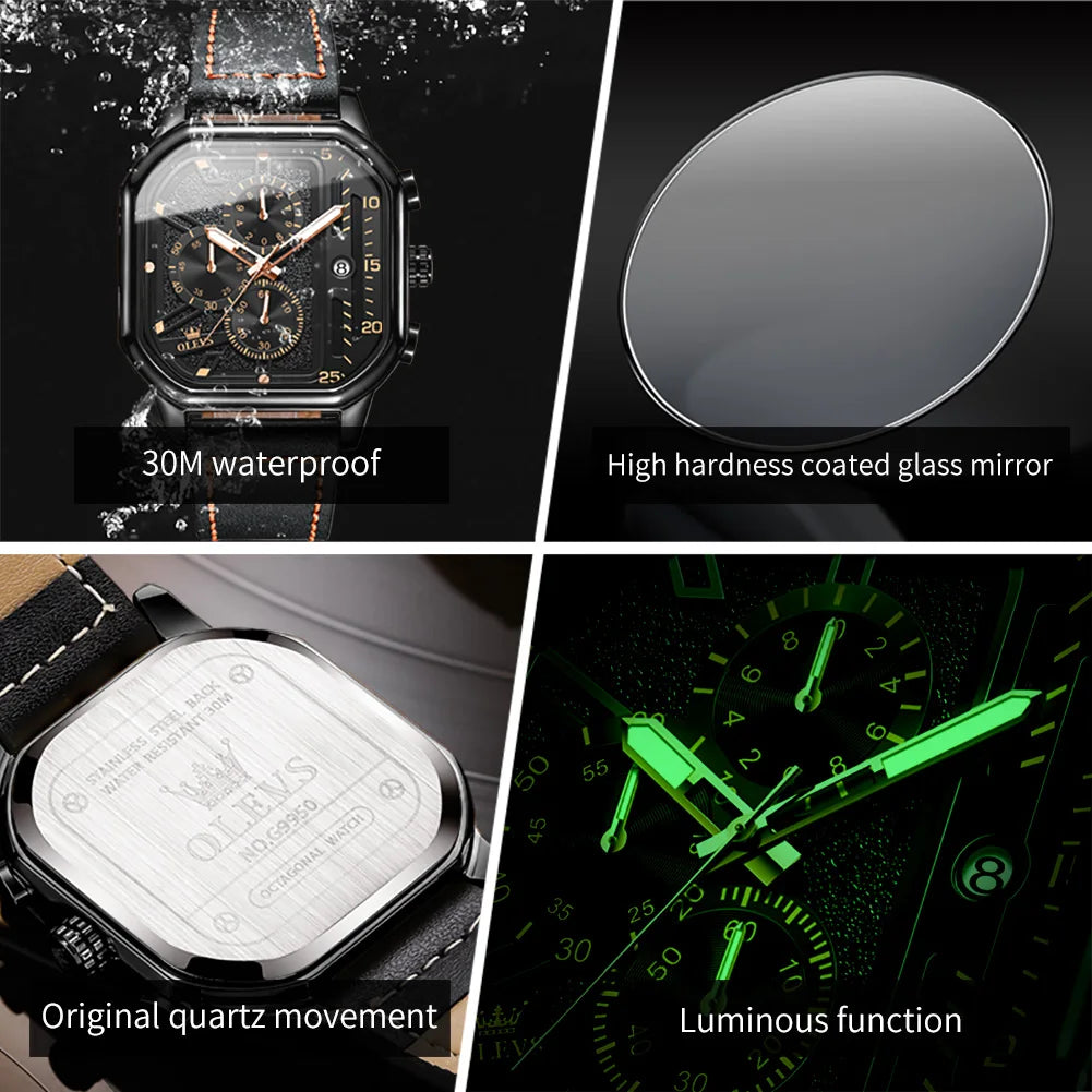OLEVS 9950 Watches for Men Quartz Chronograph Leather Fashion Dress Watch Date Waterproof Luminous Casual Square Man Wristwatch