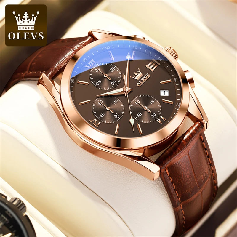 OLEVS Mens Watches Top Brand Luxury Chronograph Quartz Watch Men Sport Leather Waterproof Luminous Date Business Wristwatch Male