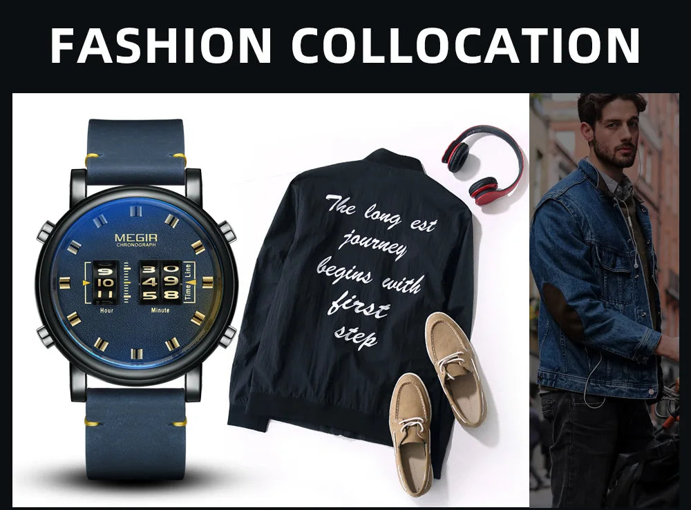 MEGIR Luxury Brand Men Sport Casual Watches Leather Strap Digital Roller Pointer Quartz Wristwatch Clock Relogio Masculino 2137