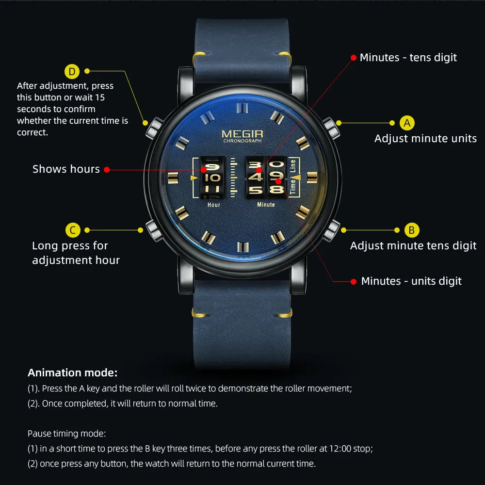 MEGIR Roller Digital Dial Watches for Men Multi-functional Roller Rotation Quartz Clock Waterproof Man Sport Wirstwatch Reloj