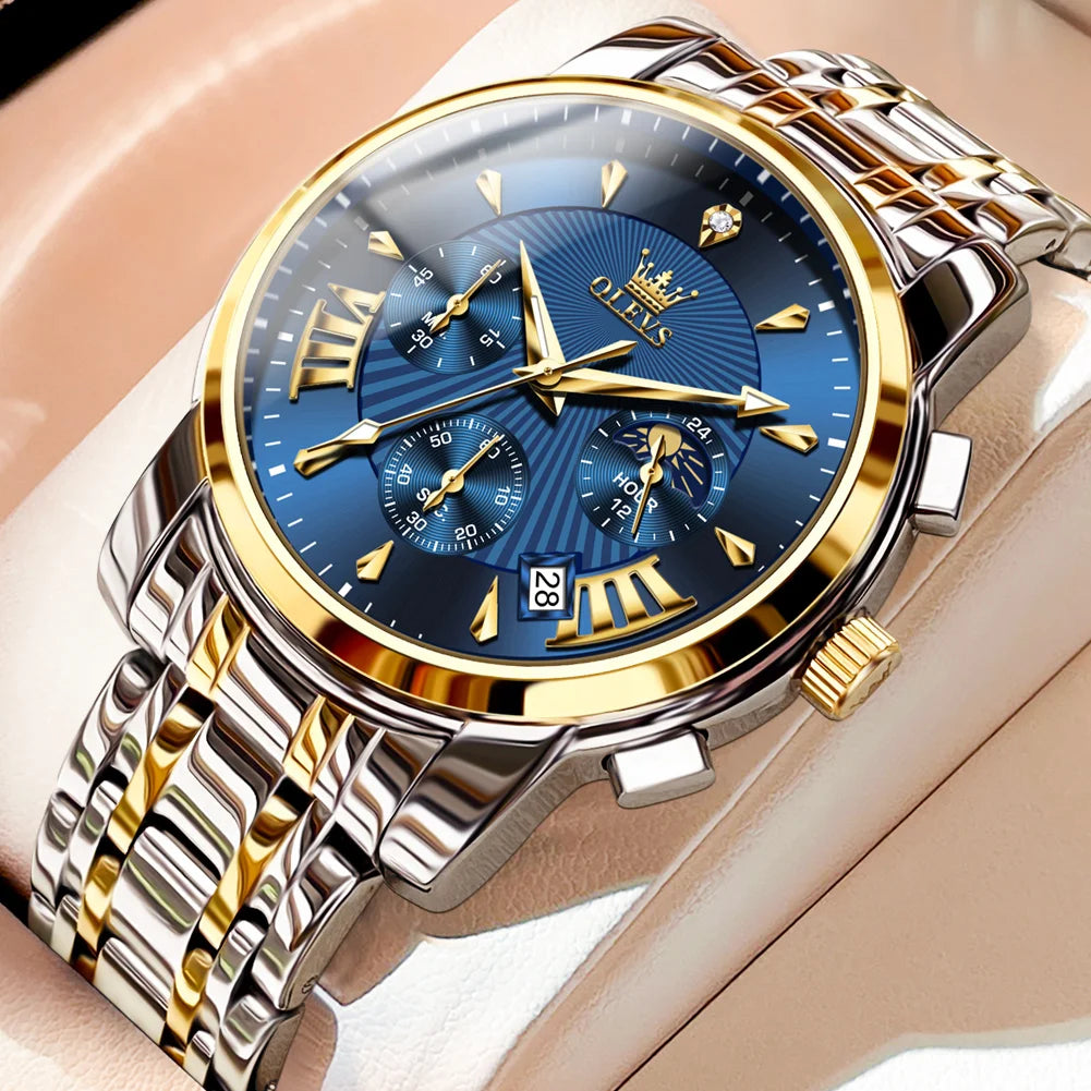 OLEVS Men's Watches 2892 Luxury Business Original Top Brand Quartz Watch for Man Waterproof Moon Phase Date Chronograph Luminous