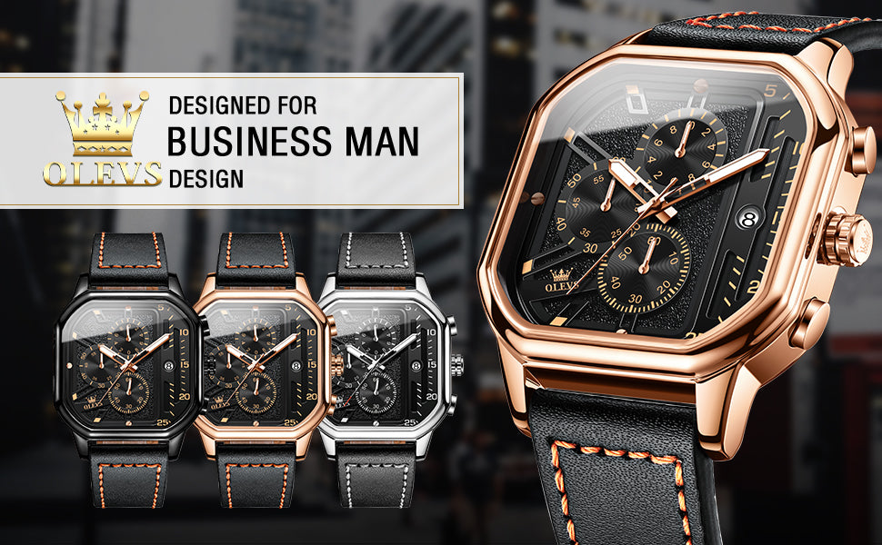 OLEVS 9950 Watches for Men Quartz Chronograph Leather Fashion Dress Watch Date Waterproof Luminous Casual Square Man Wristwatch